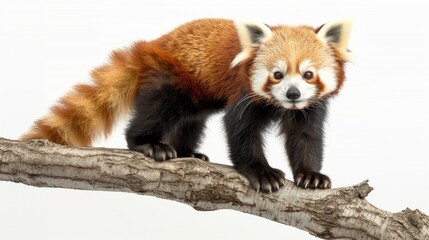 Red panda climbing on a tree branch in natural habitat isolated on white background