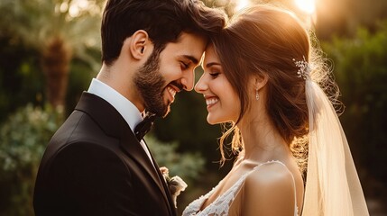 Romantic couple sharing a joyful moment at sunset.