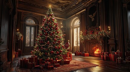A beautifully decorated Christmas tree stands in a grand room with a fireplace and presents.