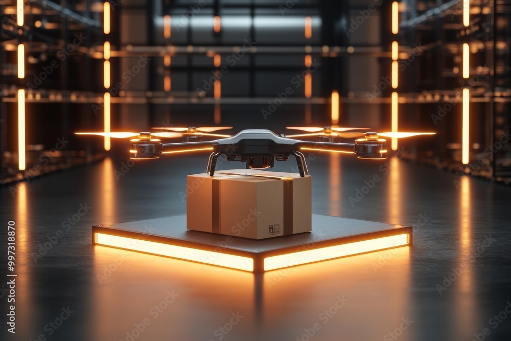 Poster futuristic drone with package suspended over a digital lit platform symbolizing the evolution of com