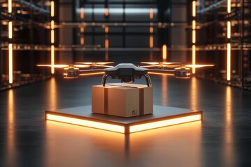 Futuristic drone with package suspended over a digital lit platform symbolizing the evolution of commercial drone delivery systems and high tech logistics