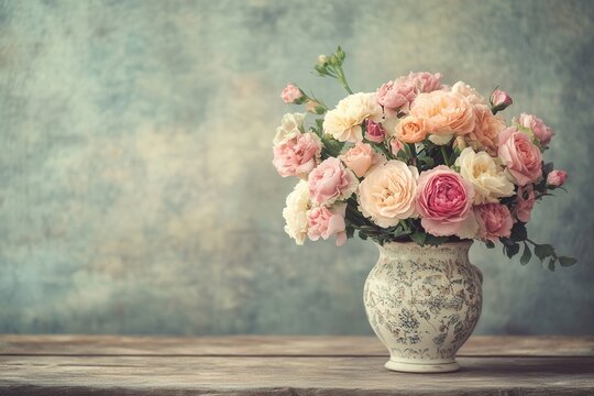 A beautifully arranged bouquet of pink roses and white carnations enhances the charm of an antique wooden table. Generative AI