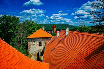 Red roofs of the back of the castle overlooking the green mountains