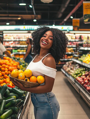 Obraz premium A woman with a basket of oranges laughs in a grocery store produce aisle - healthy food and nutrition. Supermarket or organic food market. Black female shopper, employee restocking fresh produce.