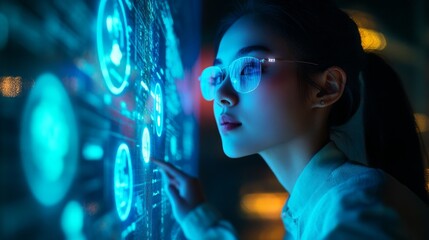 A person engages with an illuminated holographic display, exploring floating icons and graphs that reflect advanced technology in a contemporary setting