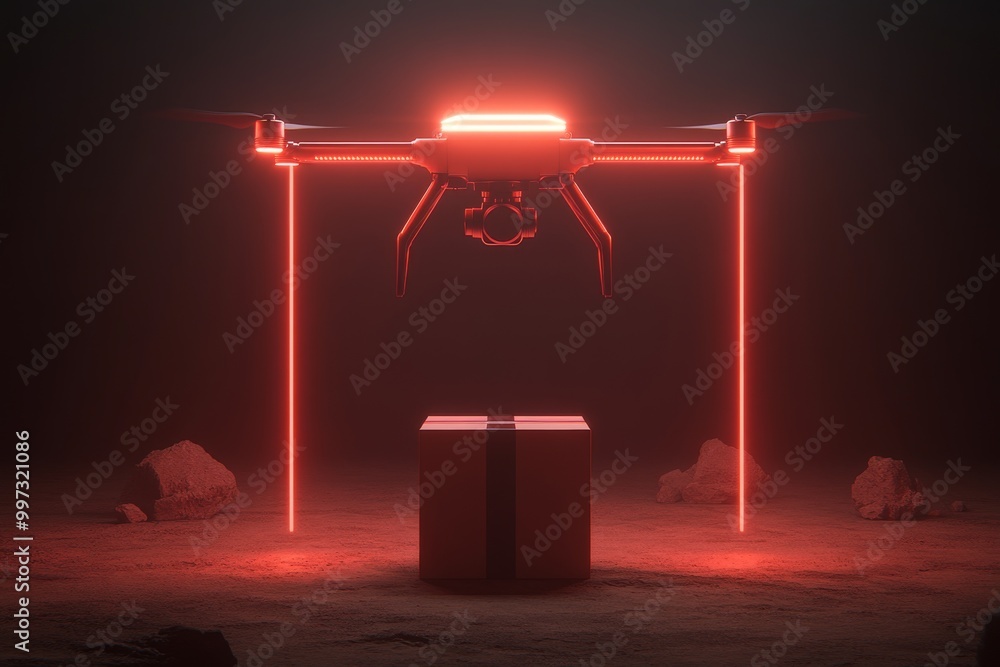 Poster neon lit drone hovering over a futuristic platform at night emphasizing high tech drone logistics an
