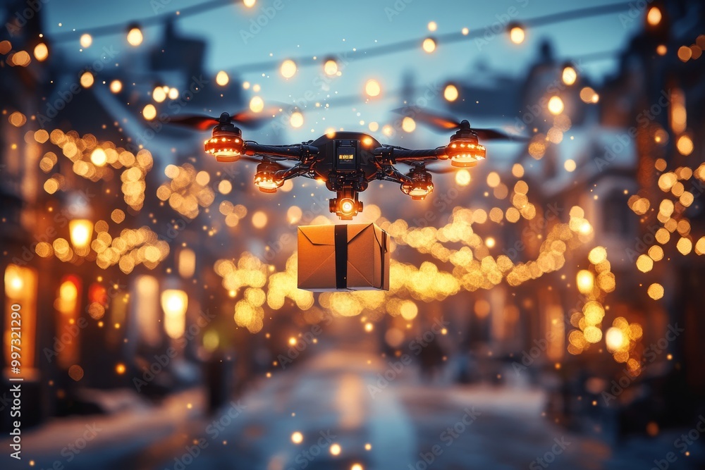 Poster drone flying through a string light decorated street at dusk delivering a package representing the f