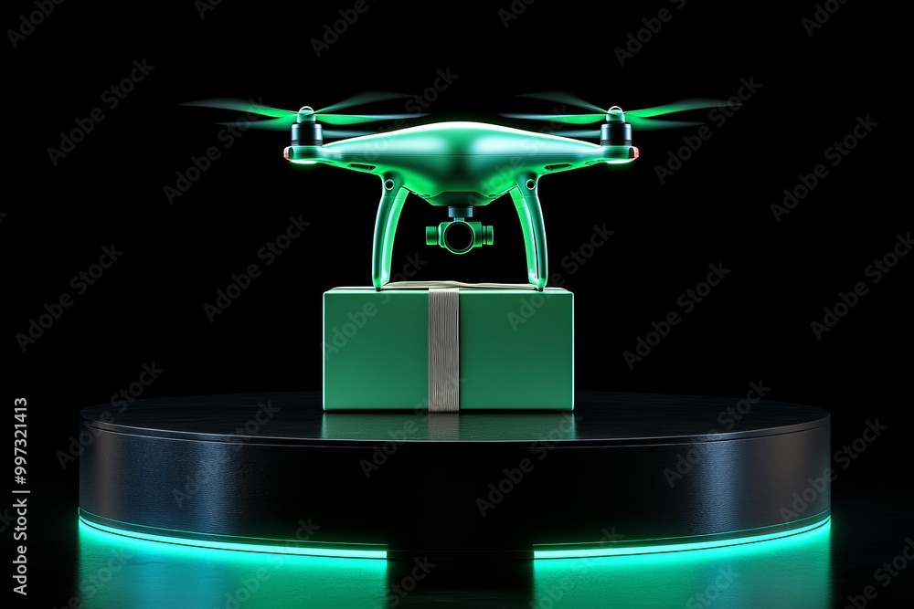Poster drone displayed on a futuristic glowing platform representing advanced aerial technology smart logis