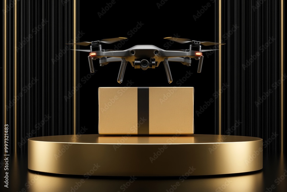Poster futuristic drone hovering over a golden platform with a package showcasing modern drone delivery sys