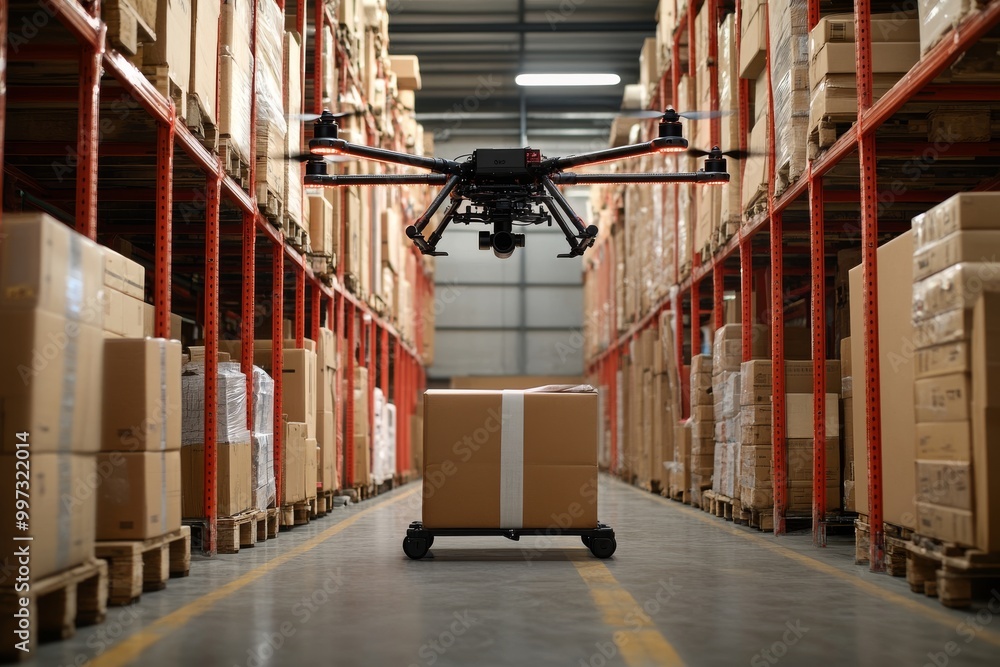 Poster drone navigating through a warehouse filled with shelves of goods showcasing smart logistics modern 