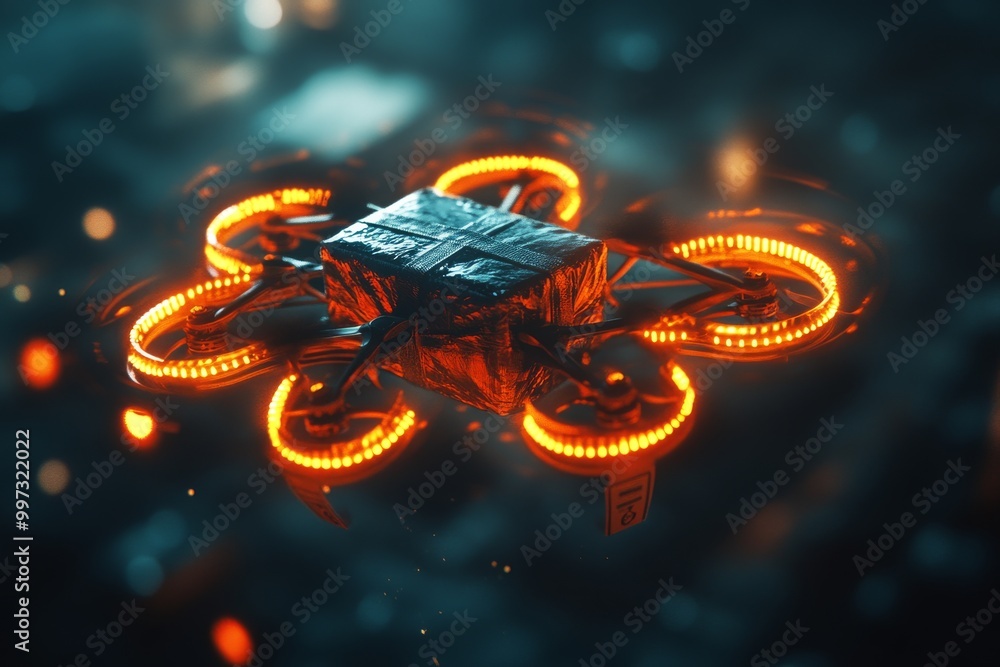 Aufkleber futuristic drone with glowing orange rotors flying over a high tech platform symbolizing advancement