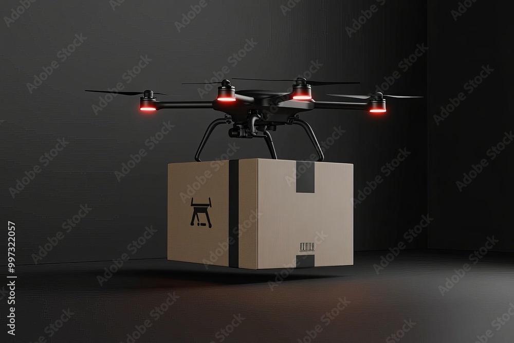 Poster drone delivering a large package in a warehouse representing the future of automation smart logistic