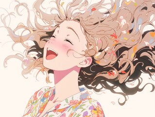  Beautiful Anime Girl with Long, Curly Hair Blowing in the Wind, Delicate Facial Features, and Closed Eyes in a Minimalist Composition with Copy Space