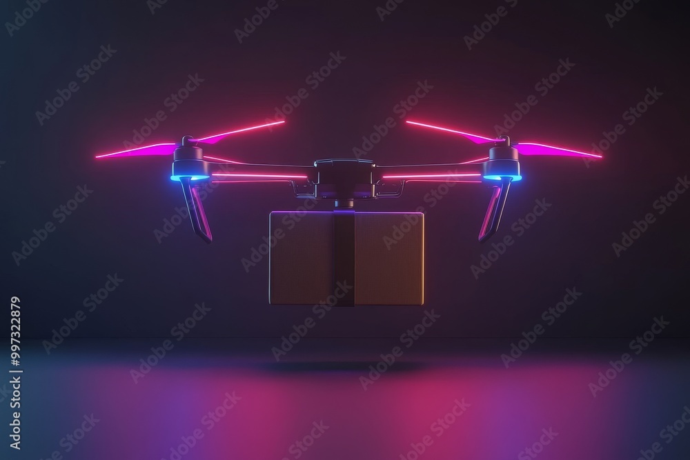 Poster neon lit drone hovering with a package in a dark futuristic environment showcasing high tech drone i