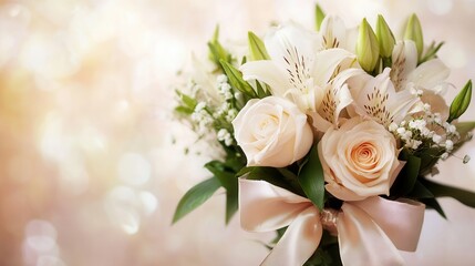Obraz premium This stunning bouquet features white roses and lilies beautifully tied with a silk ribbon, set against a gentle pastel backdrop. Generative AI