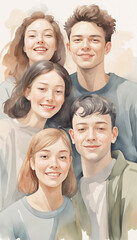 Illustration of a diverse group of people. Watercolor painting featuring young people with a creative and inclusive design, set against a white background.