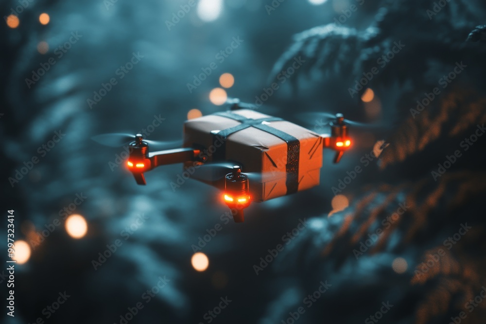 Poster drone delivering a package in a snowy forest at twilight illuminated by soft glowing lights symboliz