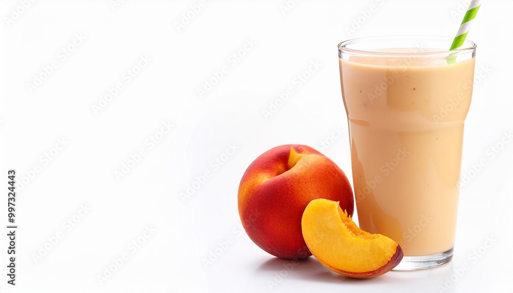 Wall mural peach smoothie or shake with straw on white background