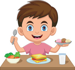 little boy eat ice cream at lunch