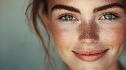 Fototapeta premium Close-up Portrait of a Woman with Freckles and Green Eyes