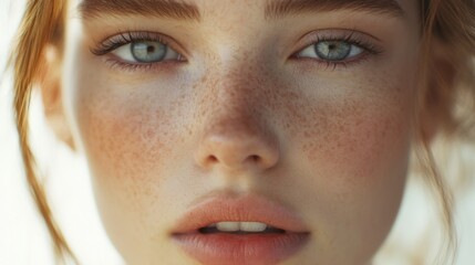Fototapeta premium Close-up Portrait of a Young Woman with Freckles and Blue Eyes