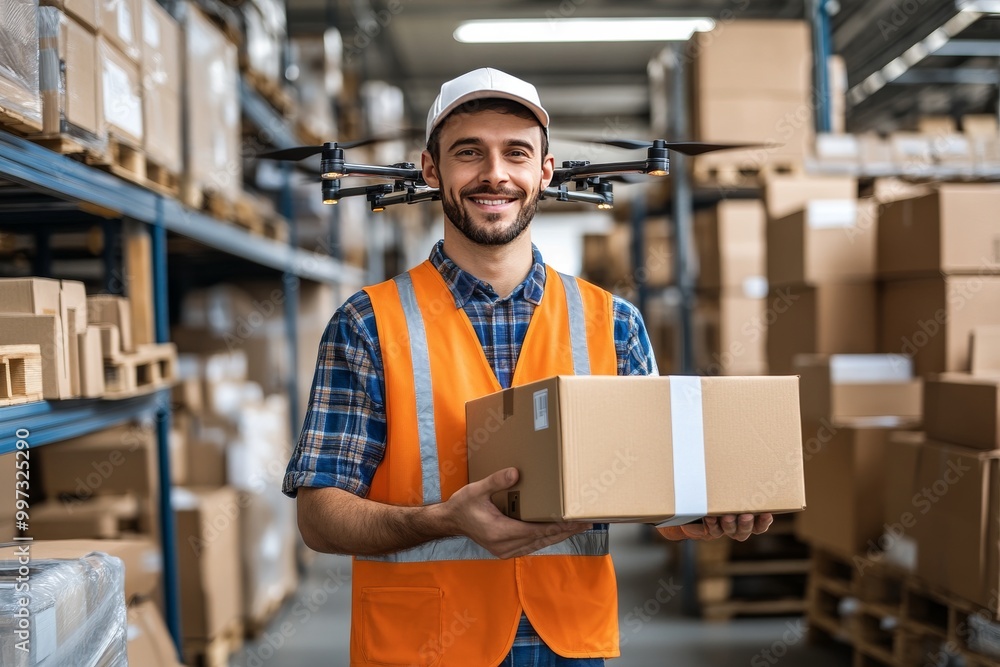 Poster smiling warehouse worker holding a package with drones flying in the background symbolizing smart wa