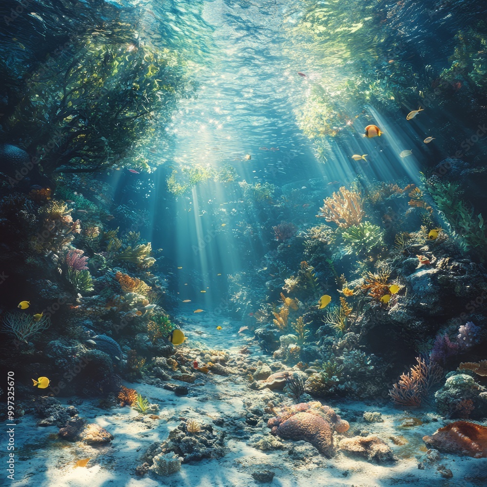 Poster Sunbeams illuminate a vibrant coral reef teeming with life.