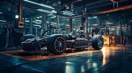 A sleek electric sports car chassis is prominently displayed in a modern factory, featuring an array of high-tech tools and bright lighting that highlights its design