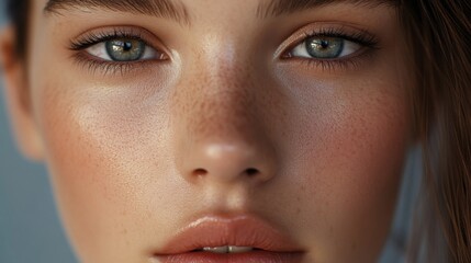 Fototapeta premium Close-up portrait of a woman with freckles and blue eyes