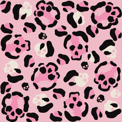 patron imprimible de animal print con forma de calaveras  sobre un fondo en color rosa
