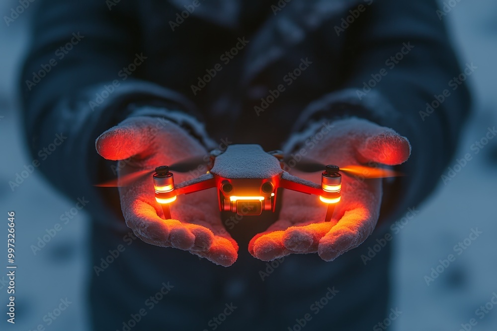 Poster hands holding a small drone with glowing red lights in a snowy outdoor environment symbolizing perso