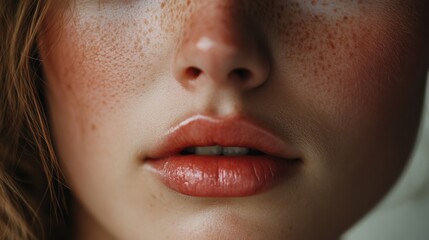 Naklejka premium Close-up of a Woman's Freckled Face with Pink Lips
