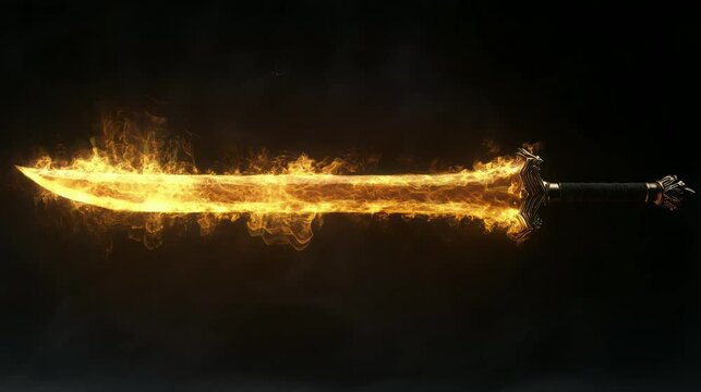a flaming sword with a very beautiful black background. seamless looping time-lapse virtual 4k video Animation Background.	