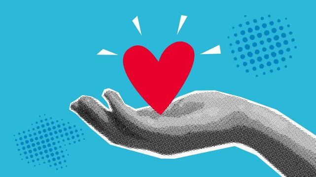 heart on the palm, charity illustration, trendy halftone magazine style