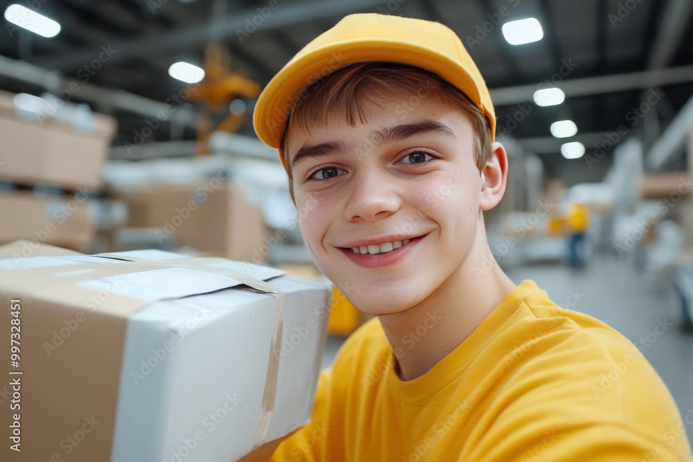 Poster smiling worker in a yellow cap holding a package in a warehouse with a drone hovering behind symboli