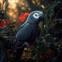 Obraz premium African Grey Parrot in Lush Tropical Forest with Red Leaves