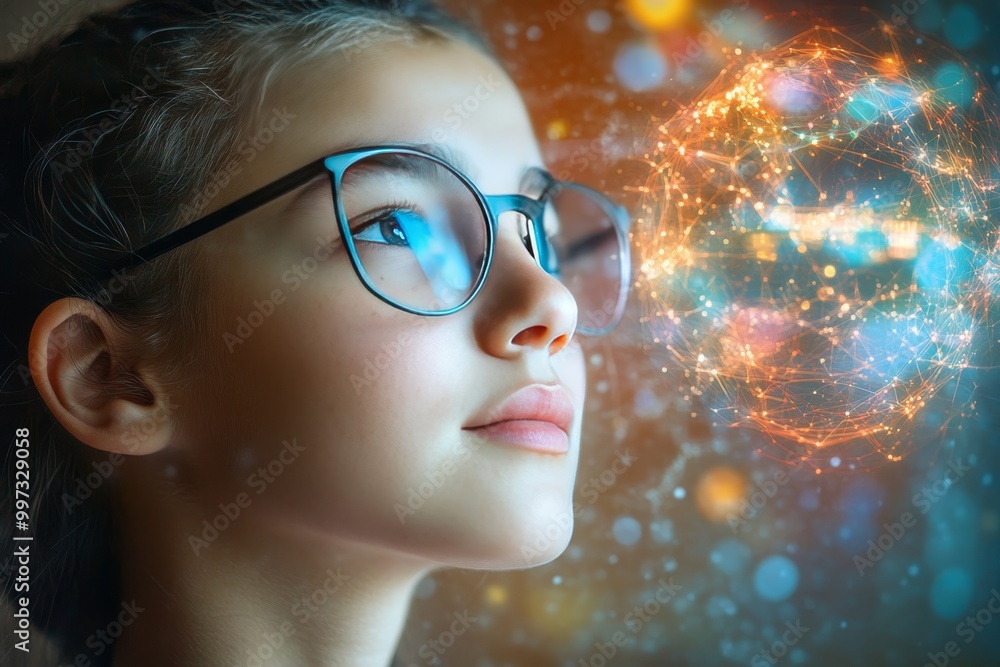 Aufkleber close up of a girl wearing glasses surrounded by floating glowing particles symbolizing ai technolog