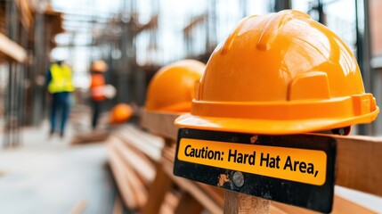 A construction site featuring hard hats placed on a wooden beam, with a sign that reads 'Caution: Hard Hat Area,' emphasizing safety and the industrial environment.