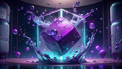 Macro shot of an ice cube crashing into carbonated water - stylized illustration