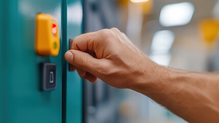A person uses their hand to press a button on a green control panel, indicating interaction with machinery or technology, possibly for industrial purposes.