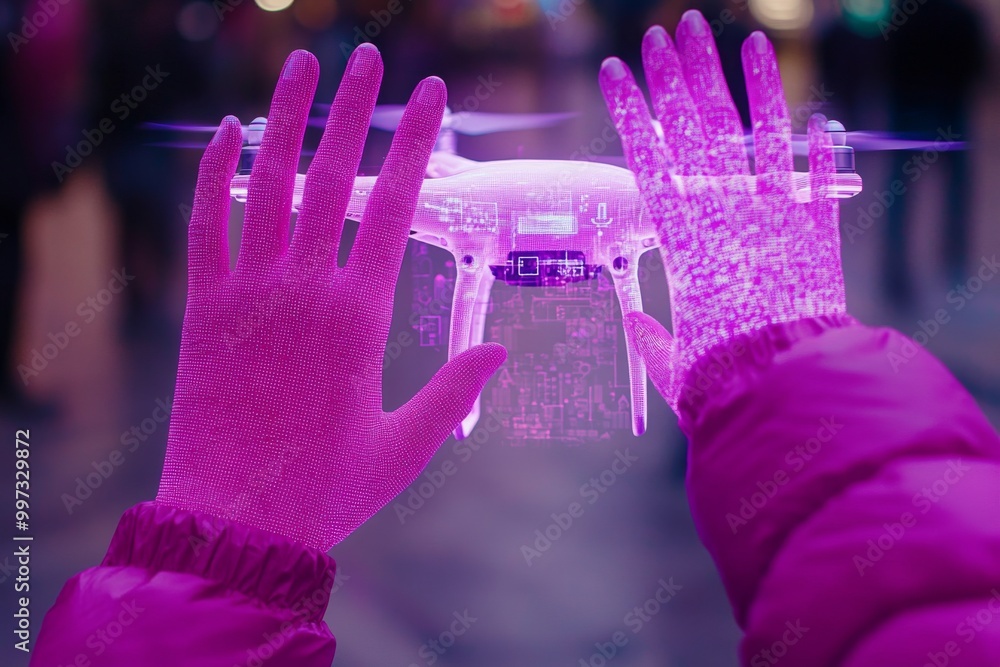 Poster hands using augmented reality gloves controlling a drone symbolizing future technology ar integratio