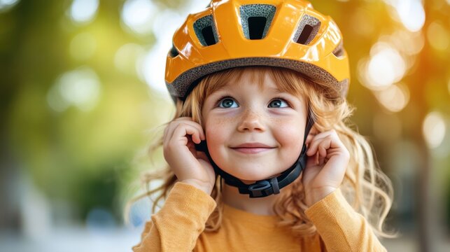 A joyful young child with freckles and curly hair is adjusting their orange helmet. The background suggests an outdoor, sunny, and shaded setting.