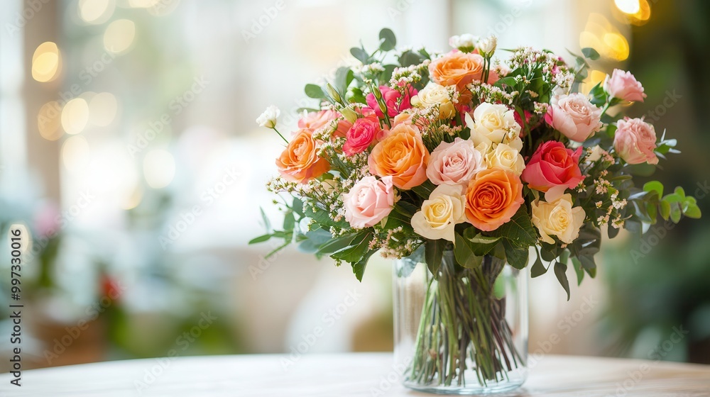 Poster this arrangement features colorful roses and greenery, set on a light wood table, ideal for adding e