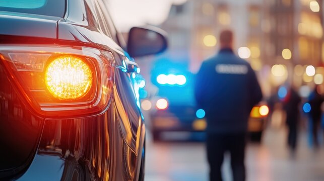 A police officer is seen standing near a black car with flashing blue lights in an urban setting, showcasing law enforcement presence and vigilance during an evening patrol.
