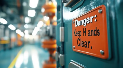 Sharp focus on a 'Danger: Keep Hands Clear' warning sign affixed to industrial machinery in a factory setting, emphasizing safety and the importance of caution in the workplace.