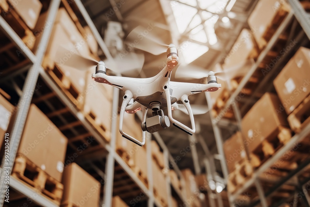 Poster close up of a drone hovering over a package in a warehouse symbolizing the integration of automated 