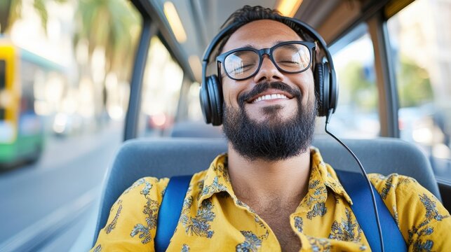 A man wearing a floral yellow shirt and headphones enjoys a bus ride, listening to music as he looks out the window and engages in a moment of relaxation and leisure.