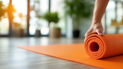 A close-up of a hand rolling up an orange yoga mat on a wooden floor in a sunlit room, symbolizing the end of a yoga session, relaxation, mindfulness, and wellness.