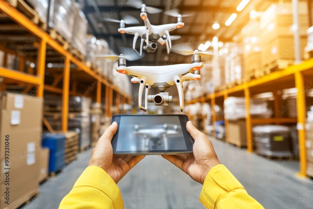 Poster worker holding a tablet displaying a drone feed in a large warehouse symbolizing smart logistics dro