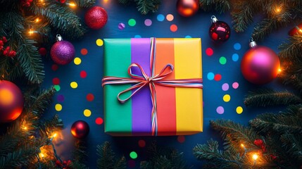 Rainbow-Wrapped Gift Box Decorated with Christmas Ornaments and Lights